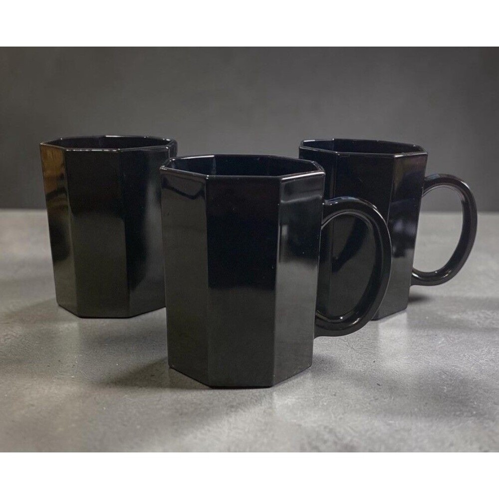 Vintage Arcoroc Octime Black Glass Coffee Mugs France Octagon 8 oz Set of 3